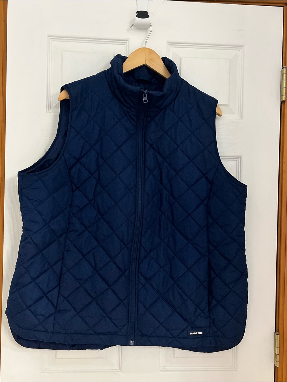 Lands End Womens 1X Navy Blue Quilted Full Zip Up Vest Logo Pockets